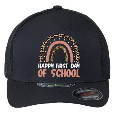 Happy First Day Of School Leopard Rainbow Flexfit Unipanel Trucker Cap