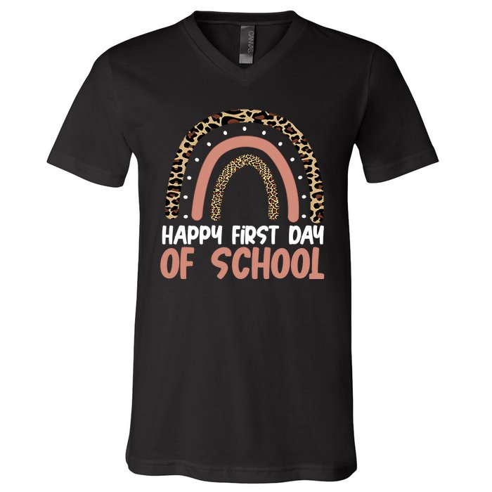 Happy First Day Of School Leopard Rainbow V-Neck T-Shirt