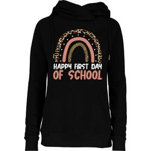 Happy First Day Of School Leopard Rainbow Womens Funnel Neck Pullover Hood