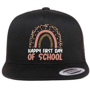 Happy First Day Of School Leopard Rainbow Flat Bill Trucker Hat