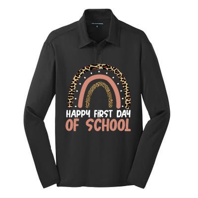 Happy First Day Of School Leopard Rainbow Silk Touch Performance Long Sleeve Polo