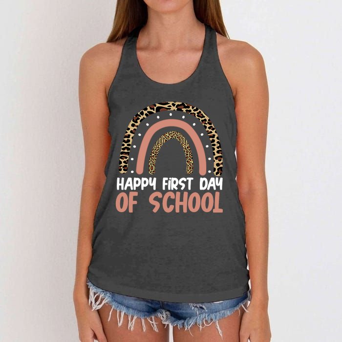 Happy First Day Of School Leopard Rainbow Women's Knotted Racerback Tank