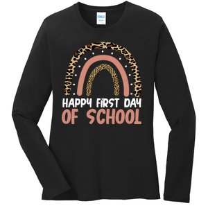 Happy First Day Of School Leopard Rainbow Ladies Long Sleeve Shirt