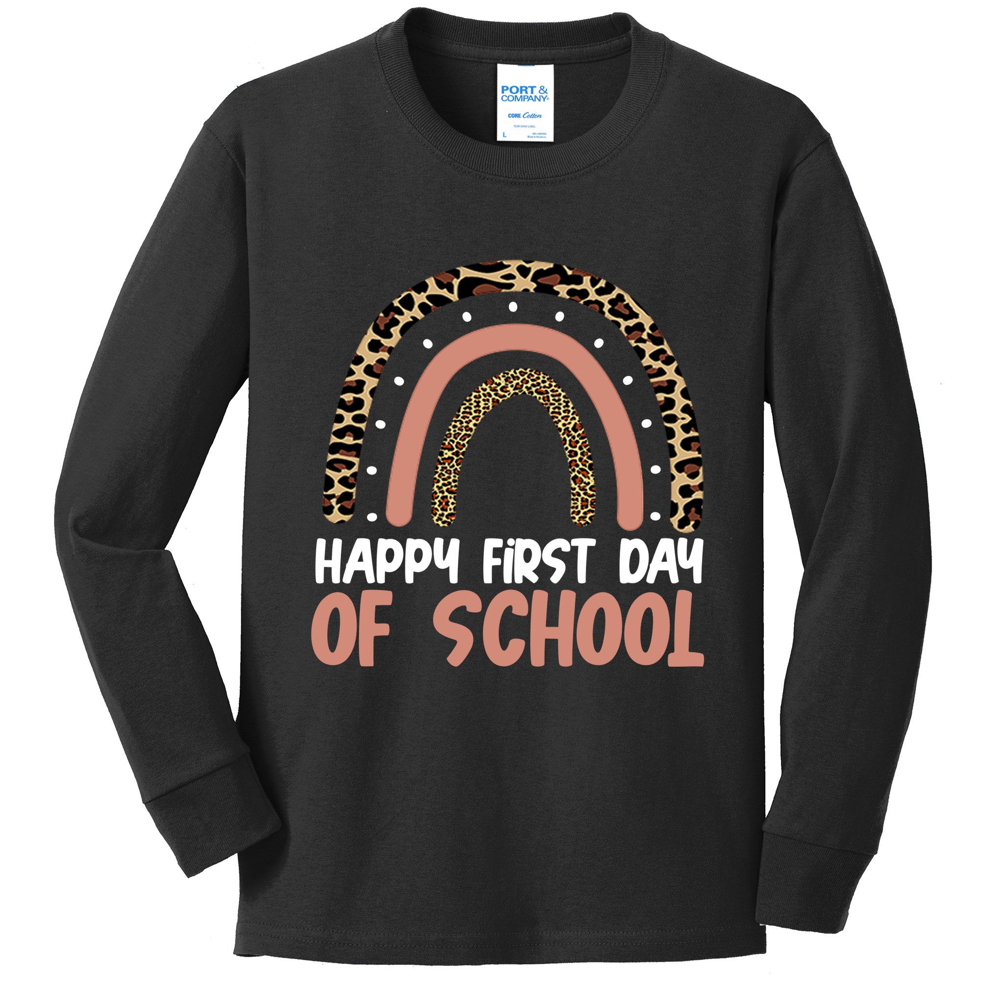 Happy First Day Of School Leopard Rainbow Kids Long Sleeve Shirt