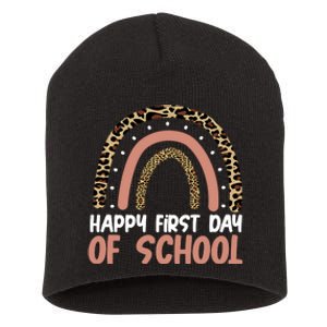 Happy First Day Of School Leopard Rainbow Short Acrylic Beanie