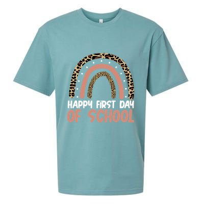 Happy First Day Of School Leopard Rainbow Sueded Cloud Jersey T-Shirt