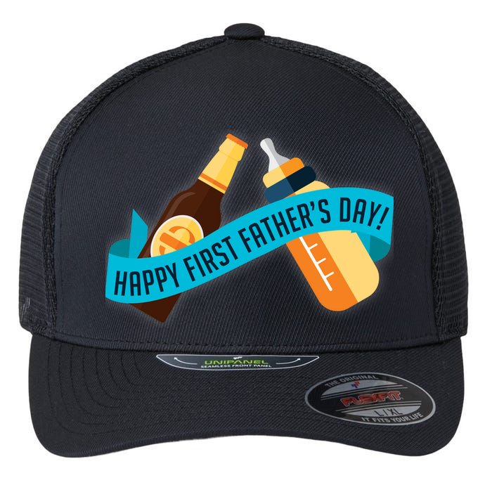 Happy First Father's Day Baby Bottle Flexfit Unipanel Trucker Cap