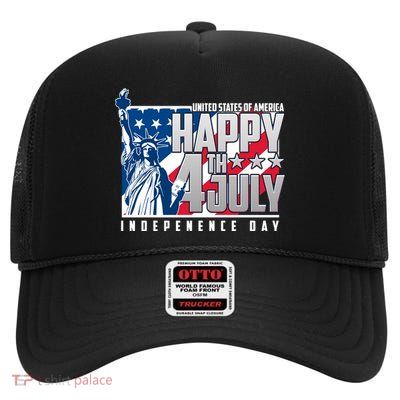 Happy Fourth of July Independence Day Statue of Liberty USA Flag High Crown Mesh Back Trucker Hat