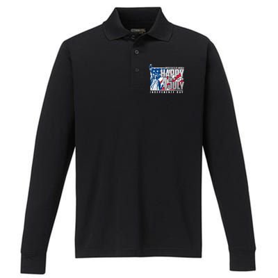 Happy Fourth of July Independence Day Statue of Liberty USA Flag Performance Long Sleeve Polo