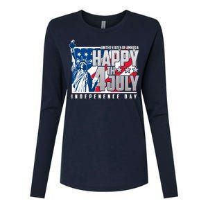 Happy Fourth of July Independence Day Statue of Liberty USA Flag Womens Cotton Relaxed Long Sleeve T-Shirt