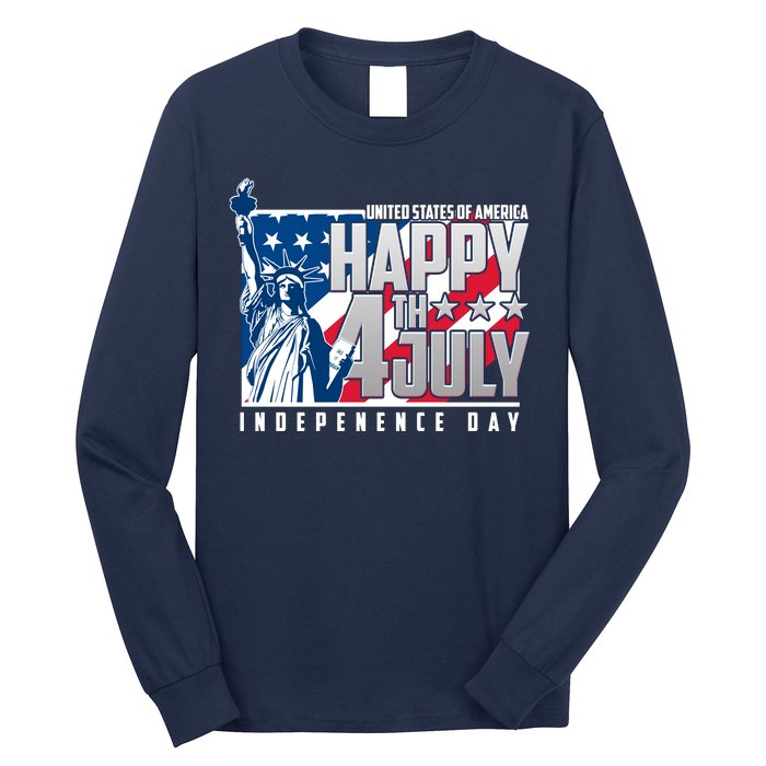 Happy Fourth of July Independence Day Statue of Liberty USA Flag Long Sleeve Shirt