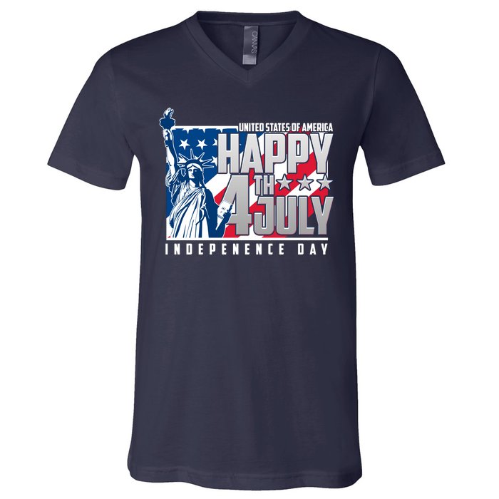 Happy Fourth of July Independence Day Statue of Liberty USA Flag V-Neck T-Shirt