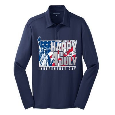 Happy Fourth of July Independence Day Statue of Liberty USA Flag Silk Touch Performance Long Sleeve Polo