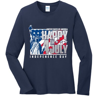 Happy Fourth of July Independence Day Statue of Liberty USA Flag Ladies Long Sleeve Shirt