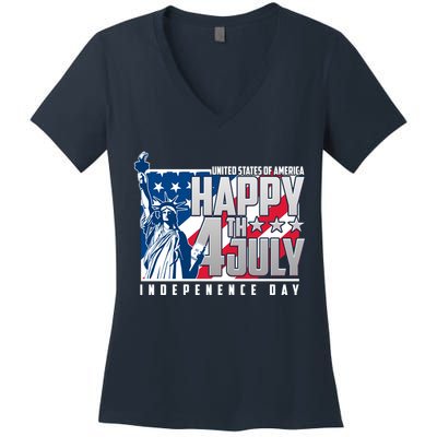Happy Fourth of July Independence Day Statue of Liberty USA Flag Women's V-Neck T-Shirt