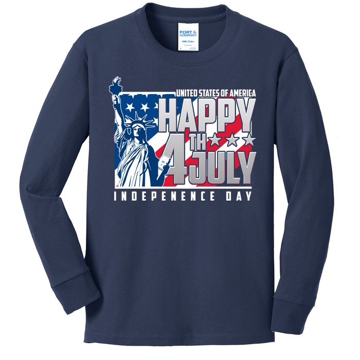 Happy Fourth of July Independence Day Statue of Liberty USA Flag Kids Long Sleeve Shirt