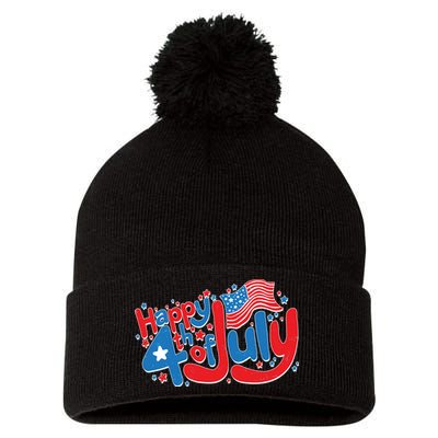 Happy Fourth Of July Red White And Blue Pom Pom 12in Knit Beanie