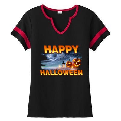 Happy Halloween Creepy Pumpkin Show Ladies Halftime Notch Neck Tee