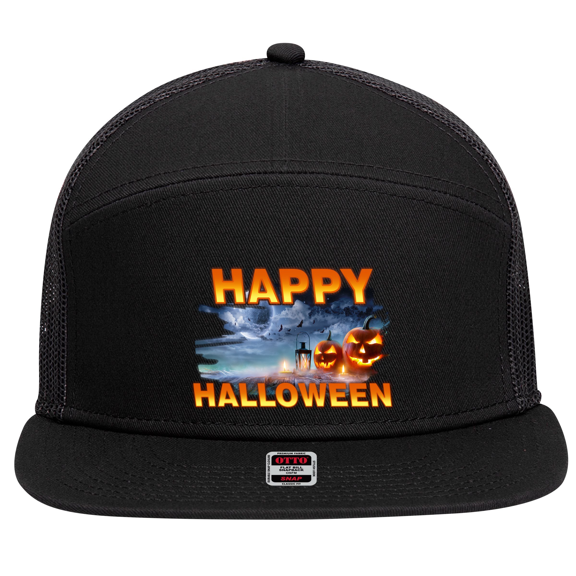 Happy Halloween Creepy Pumpkin Show 7 Panel Mesh Trucker Snapback Hat