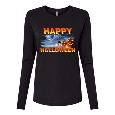 Happy Halloween Creepy Pumpkin Show Womens Cotton Relaxed Long Sleeve T-Shirt