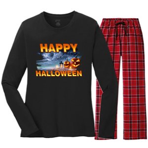 Happy Halloween Creepy Pumpkin Show Women's Long Sleeve Flannel Pajama Set 