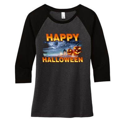 Happy Halloween Creepy Pumpkin Show Women's Tri-Blend 3/4-Sleeve Raglan Shirt