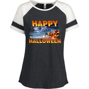 Happy Halloween Creepy Pumpkin Show Enza Ladies Jersey Colorblock Tee