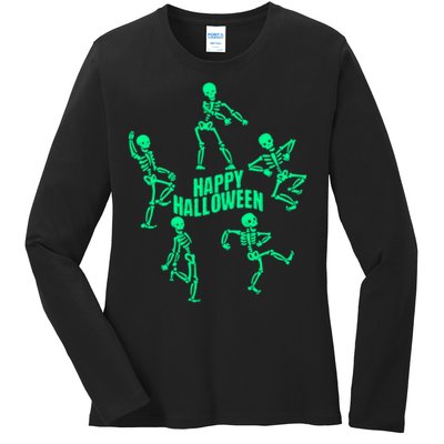 Happy Halloween Dancing Skeletons Ladies Long Sleeve Shirt