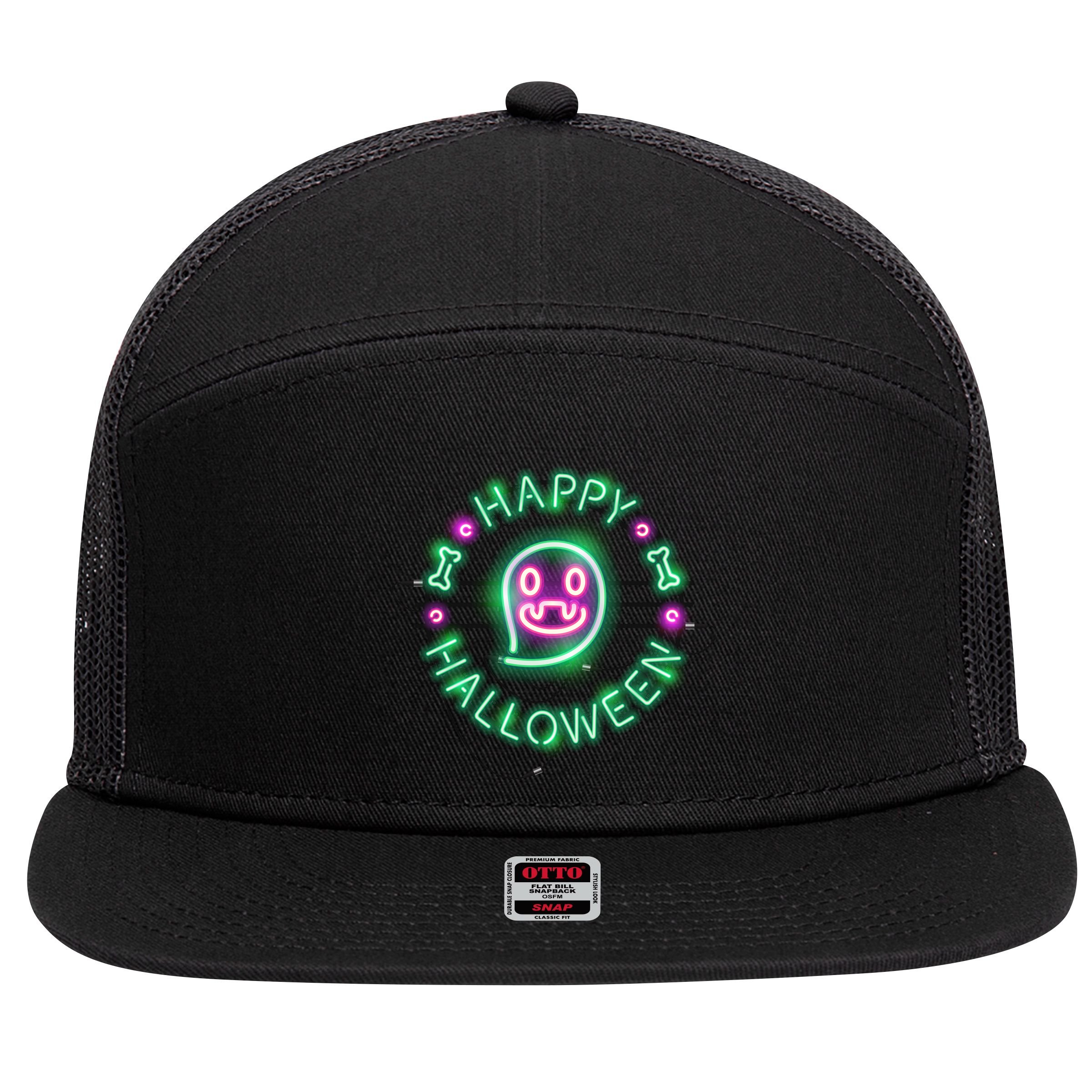 Happy Halloween Neon Sign 7 Panel Mesh Trucker Snapback Hat