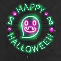 Happy Halloween Neon Sign 7 Panel Mesh Trucker Snapback Hat