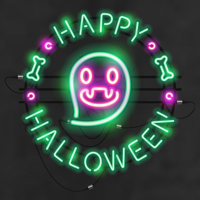 Happy Halloween Neon Sign 7 Panel Mesh Trucker Snapback Hat
