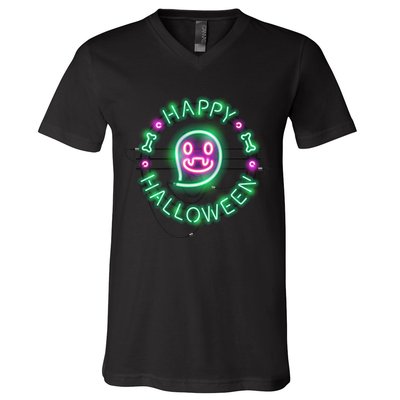 Happy Halloween Neon Sign V-Neck T-Shirt