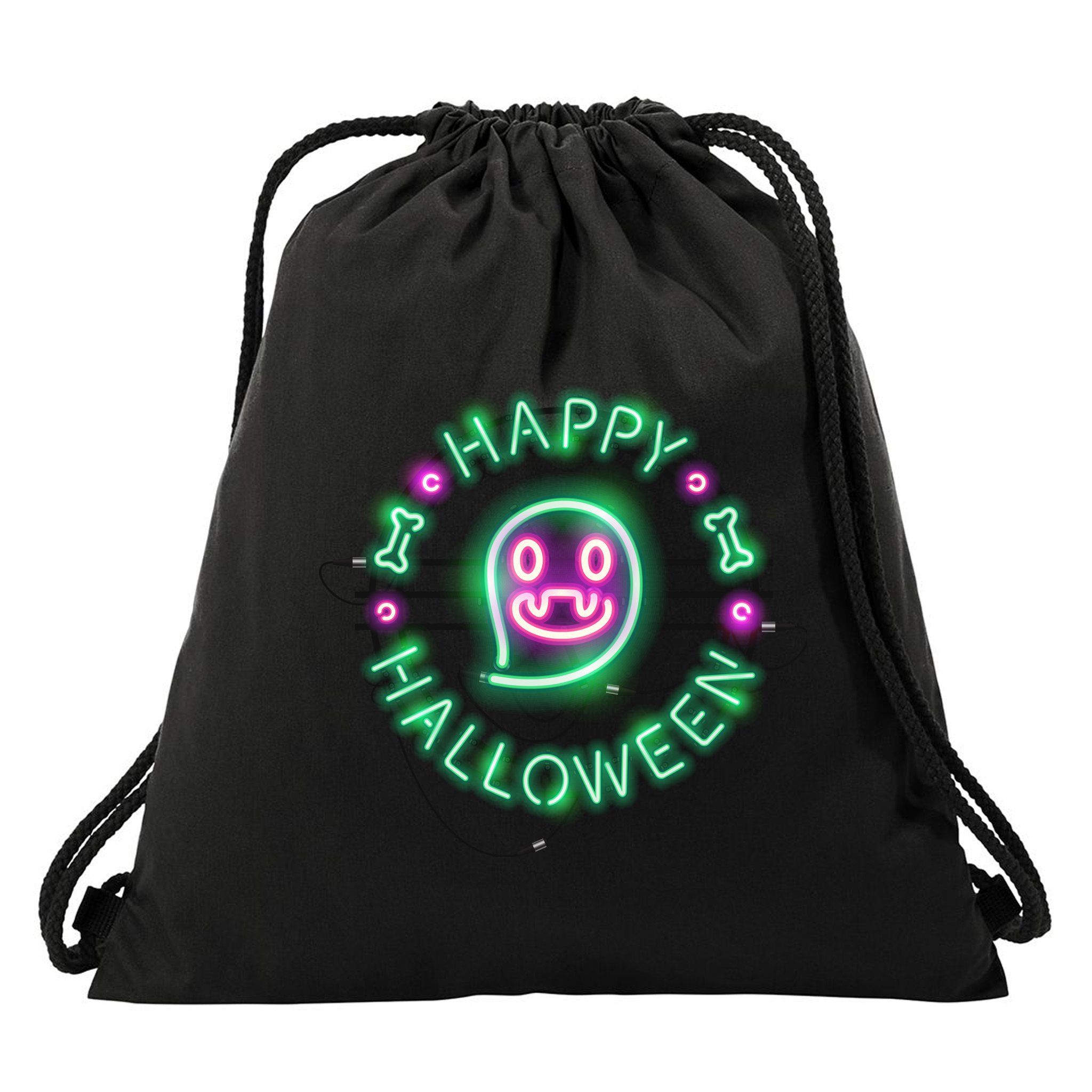 Happy Halloween Neon Sign Drawstring Bag