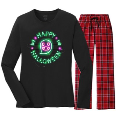 Happy Halloween Neon Sign Women's Long Sleeve Flannel Pajama Set 