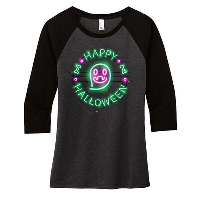 Happy Halloween Neon Sign Women's Tri-Blend 3/4-Sleeve Raglan Shirt