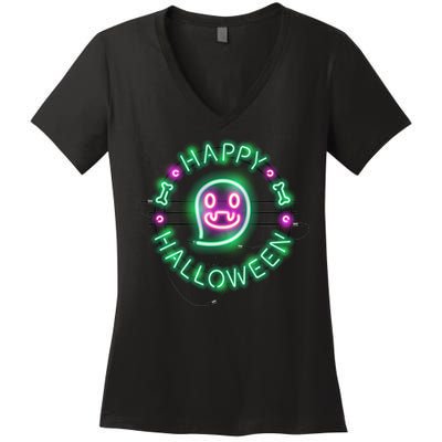 Happy Halloween Neon Sign Women's V-Neck T-Shirt