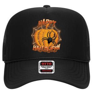 Happy Halloween Spiderweb Pumpkin High Crown Mesh Back Trucker Hat