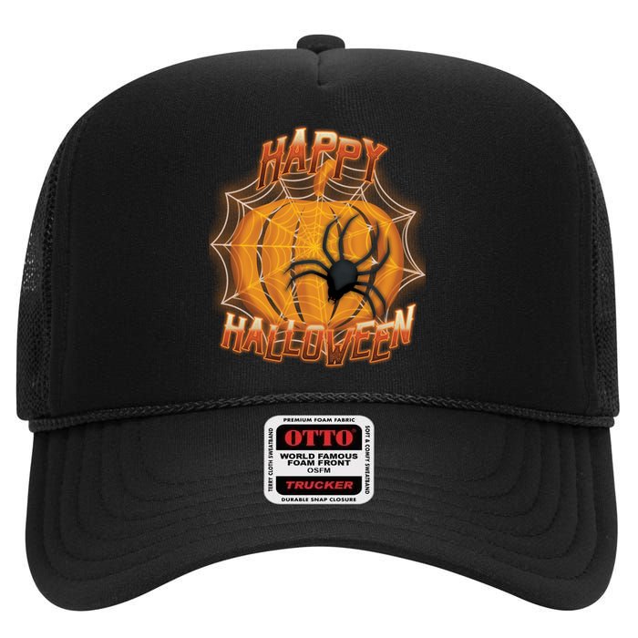 Happy Halloween Spiderweb Pumpkin High Crown Mesh Back Trucker Hat