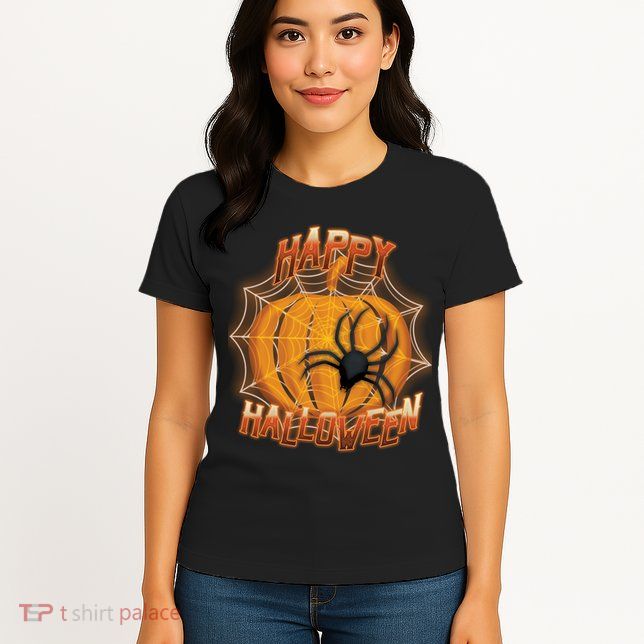 Happy Halloween Spiderweb Pumpkin Womens T-Shirt