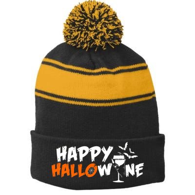 Happy Hallowine Funny Halloween Stripe Pom Pom Beanie