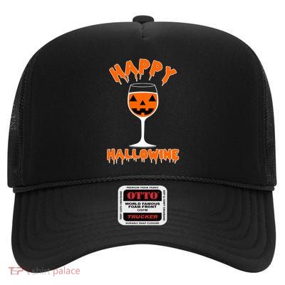 Happy Hallowine Funny Halloween Wine High Crown Mesh Back Trucker Hat