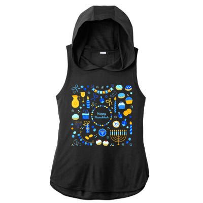 Happy Hanukkah Dreidel Star of David Menorah Mashup Ladies PosiCharge Tri-Blend Wicking Draft Hoodie Tank