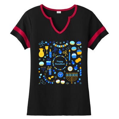 Happy Hanukkah Dreidel Star of David Menorah Mashup Ladies Halftime Notch Neck Tee