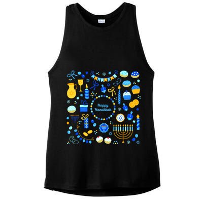 Happy Hanukkah Dreidel Star of David Menorah Mashup Ladies PosiCharge Tri-Blend Wicking Tank