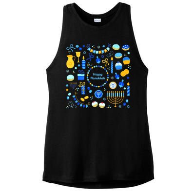 Happy Hanukkah Dreidel Star of David Menorah Mashup Ladies PosiCharge Tri-Blend Wicking Tank