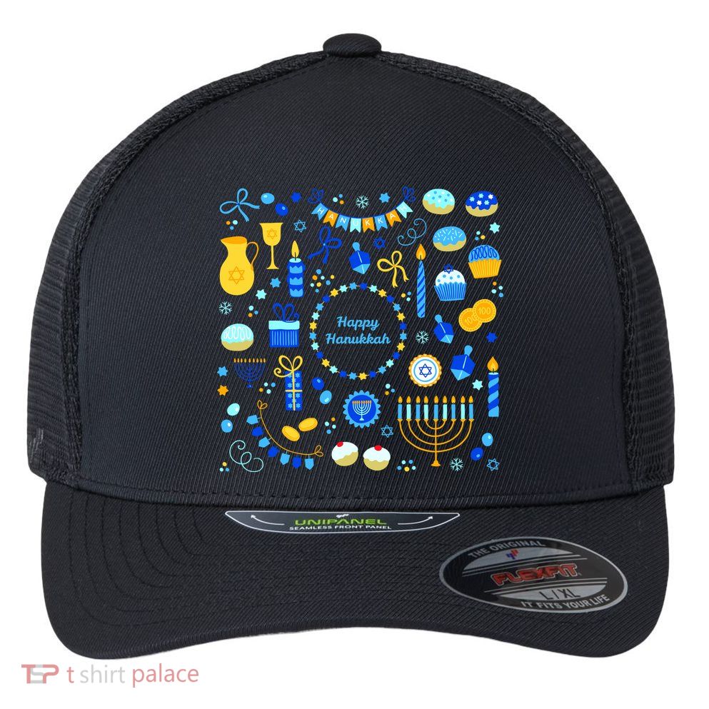 Happy Hanukkah Dreidel Star of David Menorah Mashup Flexfit Unipanel Trucker Cap