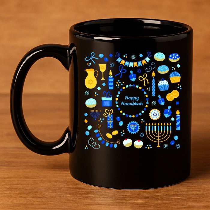 Happy Hanukkah Dreidel Star of David Menorah Mashup 11oz C Handle Ceramic Mug
