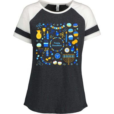 Happy Hanukkah Dreidel Star of David Menorah Mashup Enza Ladies Jersey Colorblock Tee