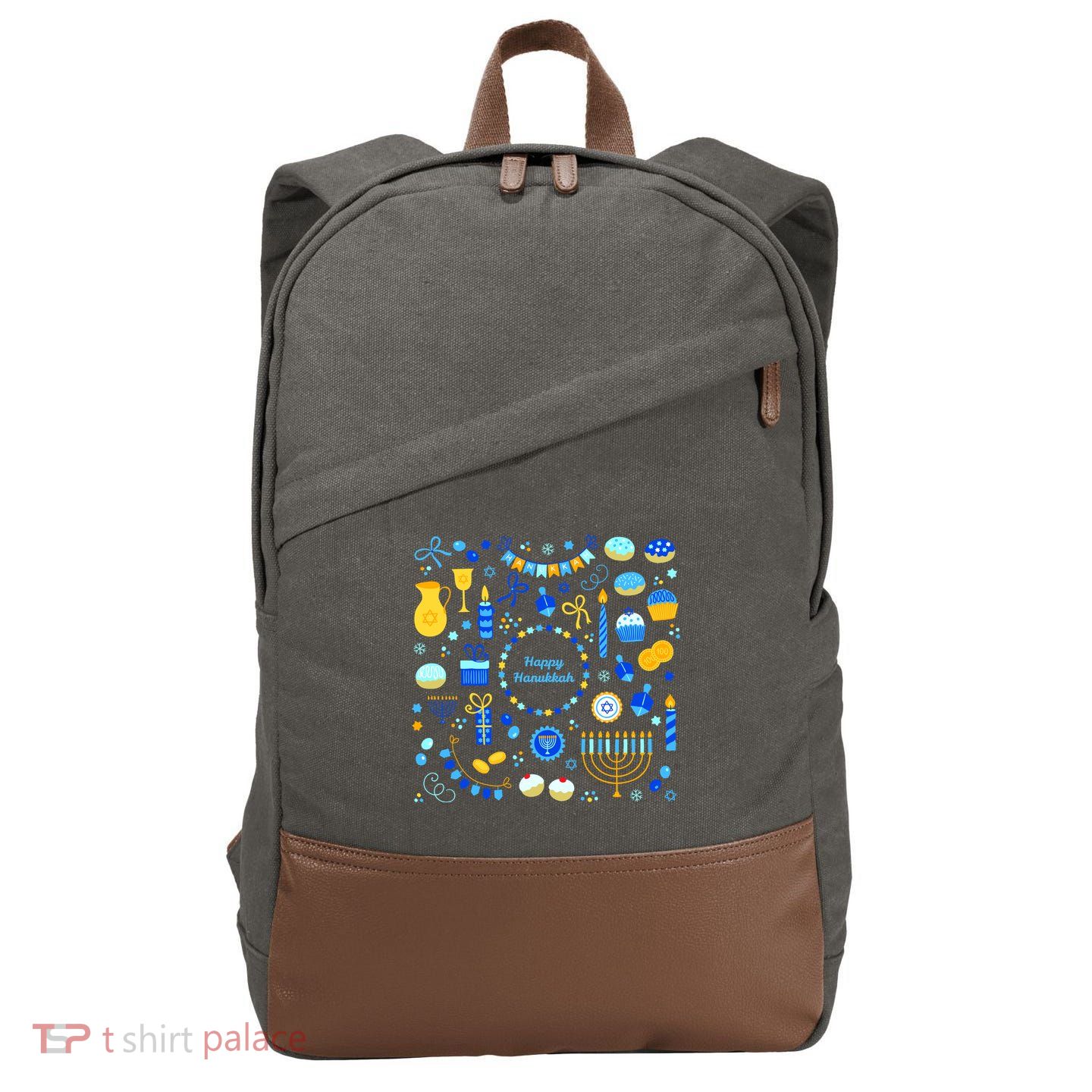 Happy Hanukkah Dreidel Star of David Menorah Mashup Cotton Canvas Backpack