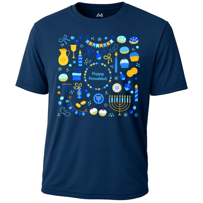 Happy Hanukkah Dreidel Star of David Menorah Mashup Cooling Performance Crew T-Shirt